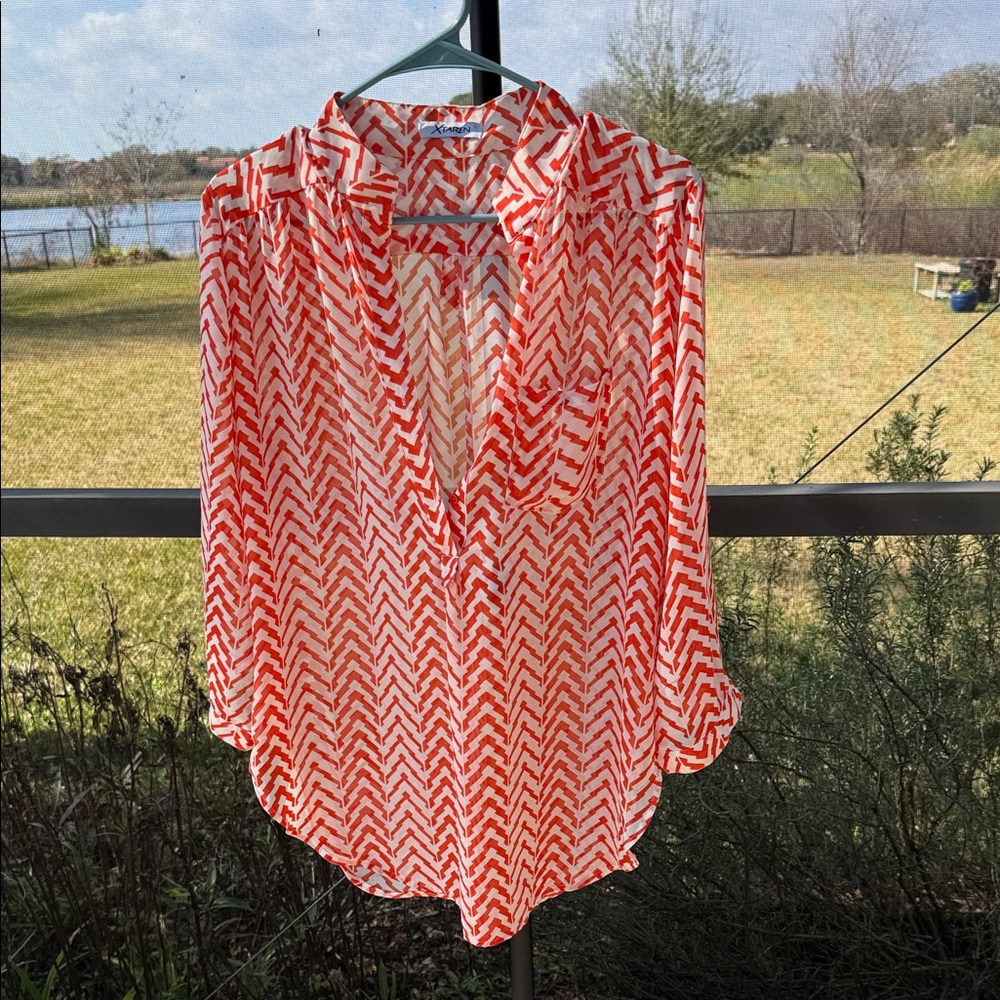 Xtaren sheer orange and crème Chevron long sleeve roll up button Blouse